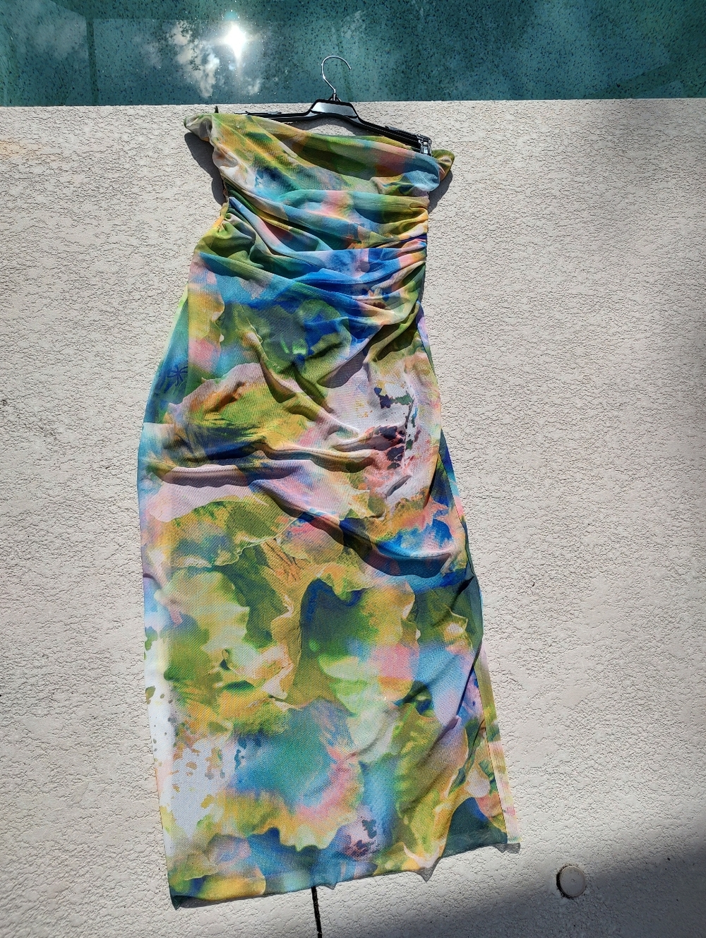 Zara Floral Watercolor Strapless Shirred Mesh Tube Dress